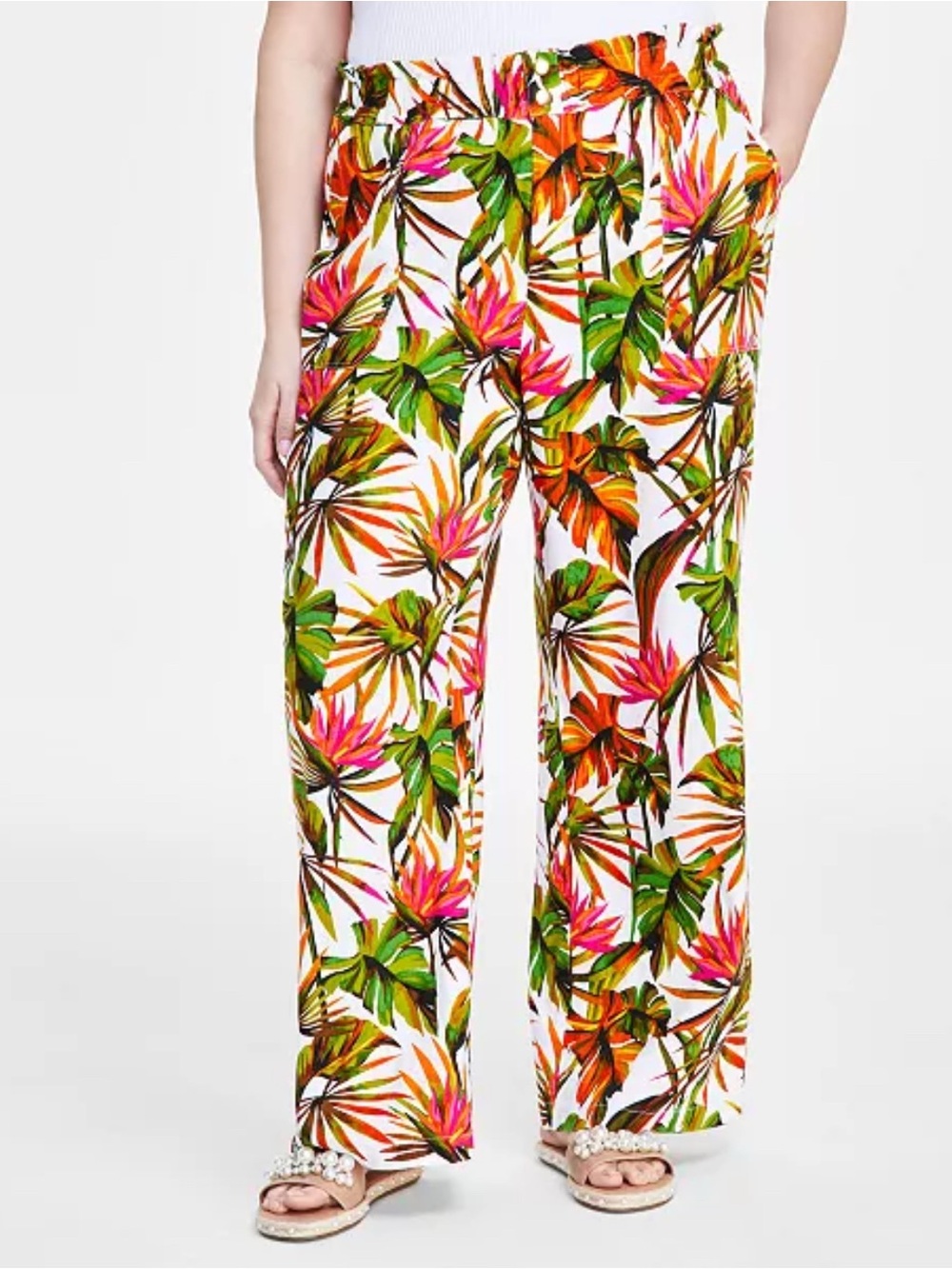 I.N.C Tropical Print Wide-Leg Pants - White/Multi size Plus L